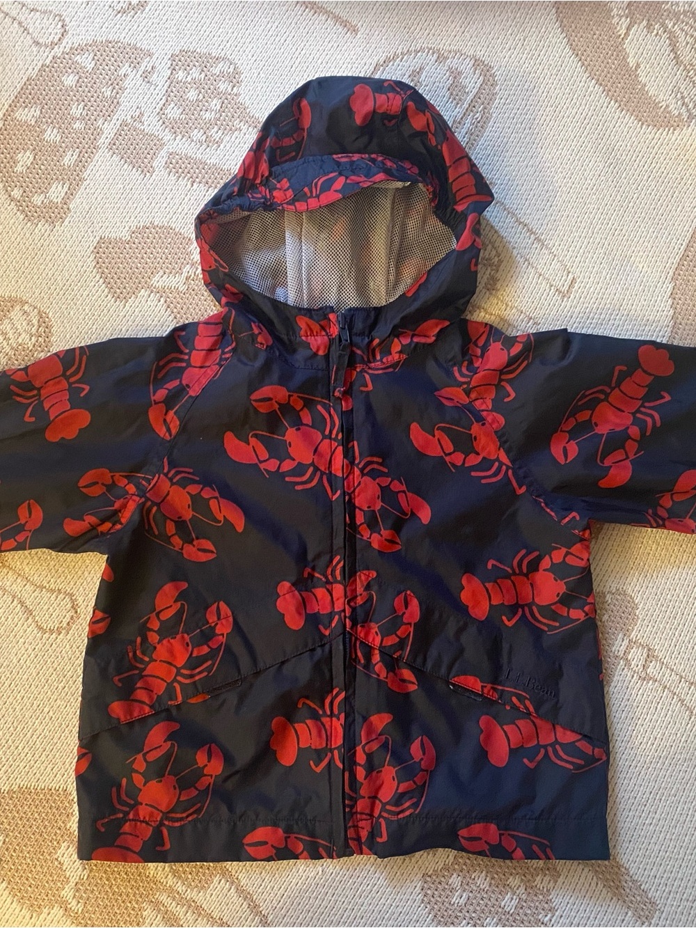 Kids Hooded Rain Jacket – Navy with Red Lobster Print